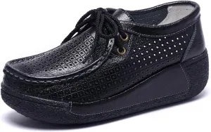 EFTCAL Women's Leather Lace Up Platform Sneakers Comfortable Round Toe Wedge Loafers Breathable Non-Slip Nurse Work Shoes with Arch Support,Rocker Shoes for Women