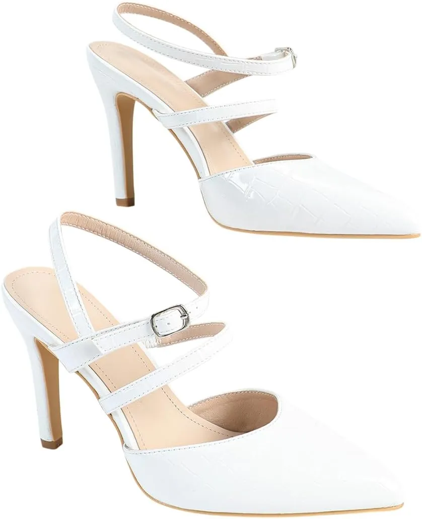 Elegant White High-Heeled Sandals for Women - Crocodile-Textured Leather with Crisscross Straps & Ankle Buckle, Minimalist Dressy Shoes for Office, Weddings & Parties (US 6-10.5)