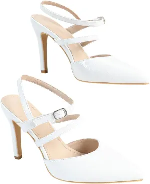 Elegant White High-Heeled Sandals for Women - Crocodile-Textured Leather with Crisscross Straps & Ankle Buckle, Minimalist Dressy Shoes for Office, Weddings & Parties (US 6-10.5)