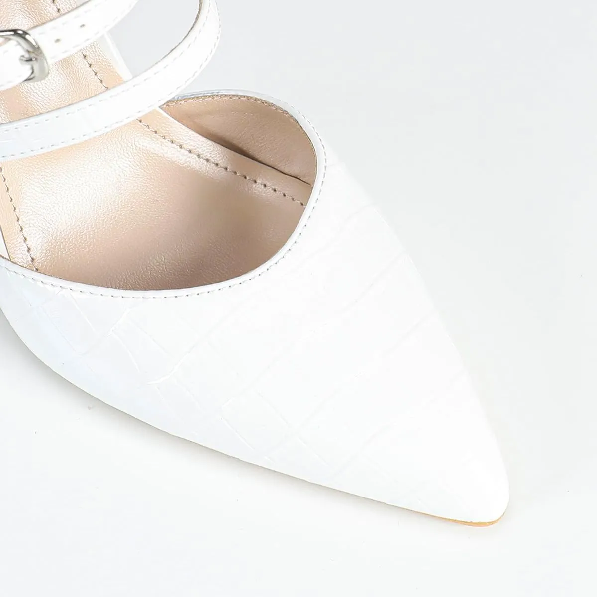 Elegant White High-Heeled Sandals for Women - Crocodile-Textured Leather with Crisscross Straps & Ankle Buckle, Minimalist Dressy Shoes for Office, Weddings & Parties (US 6-10.5)