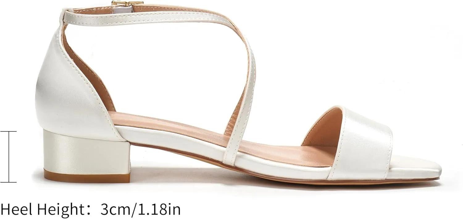 Elivandon J1584 Women's Satin Low-Heel Evening Sandals Open Toe 1.18 inches Block Heel Satin Pumps Evening Party Bridal Wedding Shoes