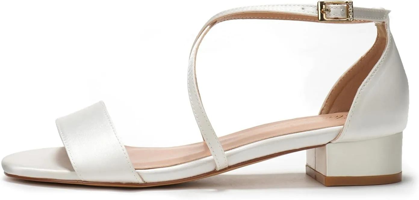 Elivandon J1584 Women's Satin Low-Heel Evening Sandals Open Toe 1.18 inches Block Heel Satin Pumps Evening Party Bridal Wedding Shoes