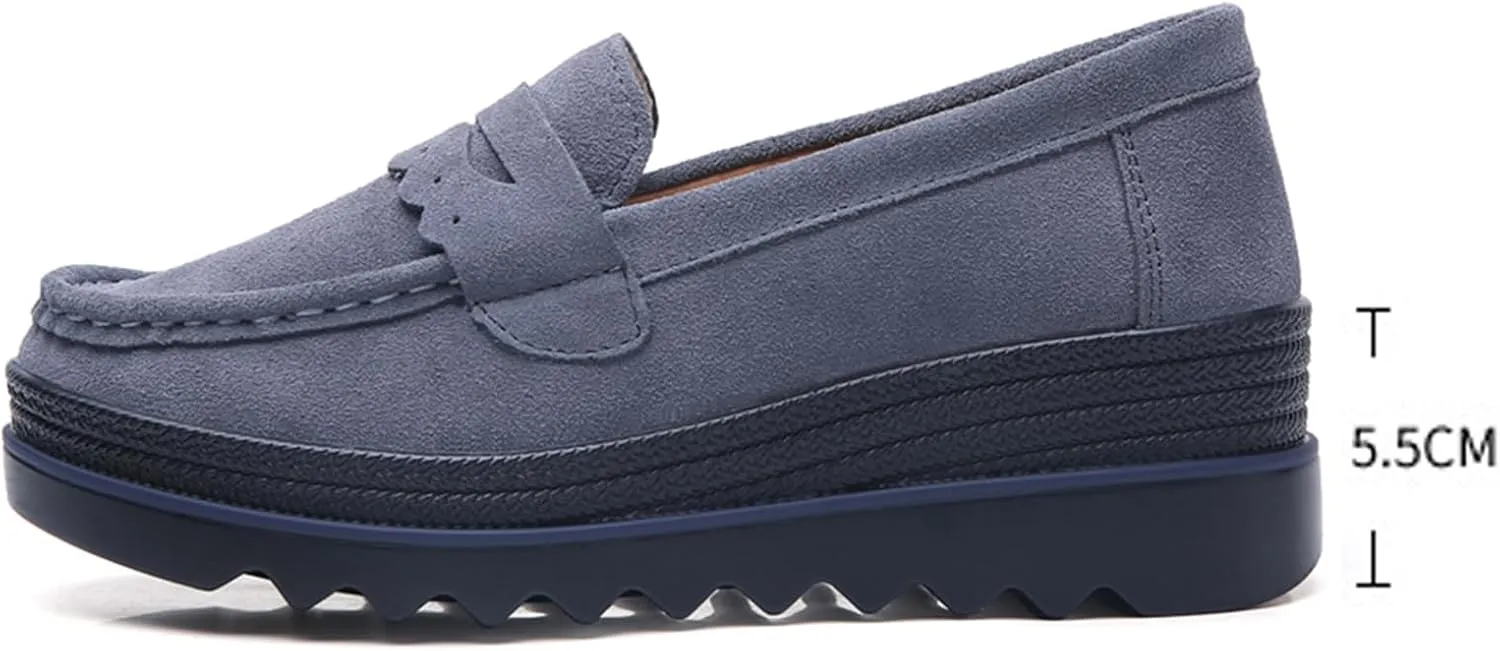 EnllerviiD Women's Platform Loafers Slip-On Comfortable Suede Moccasins Wedge Penny Loafers Thick Soft Platform Lightweight Casual Business Work Shoes
