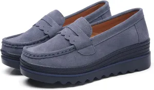 EnllerviiD Women's Platform Loafers Slip-On Comfortable Suede Moccasins Wedge Penny Loafers Thick Soft Platform Lightweight Casual Business Work Shoes