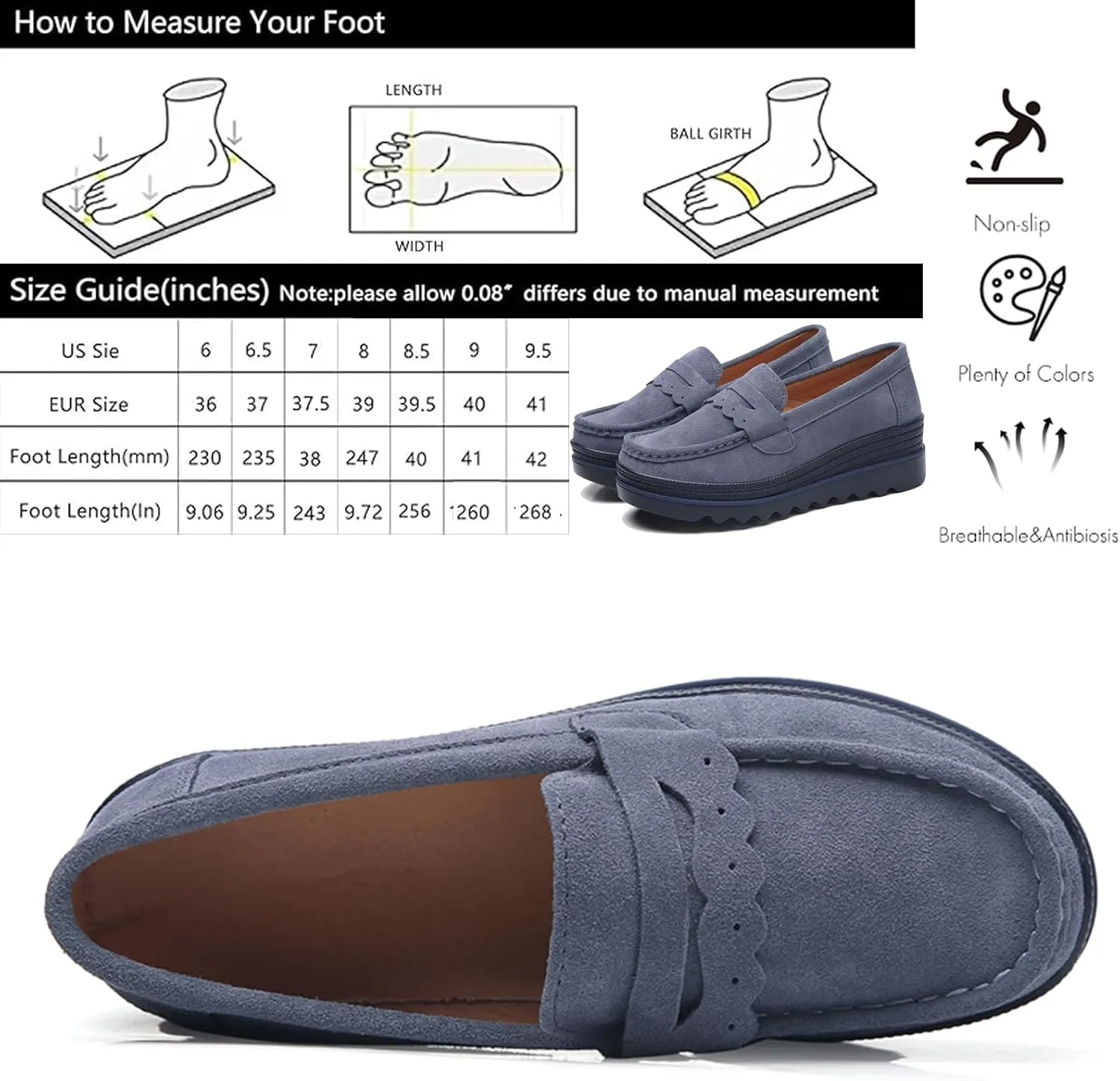 EnllerviiD Women's Platform Loafers Slip-On Comfortable Suede Moccasins Wedge Penny Loafers Thick Soft Platform Lightweight Casual Business Work Shoes