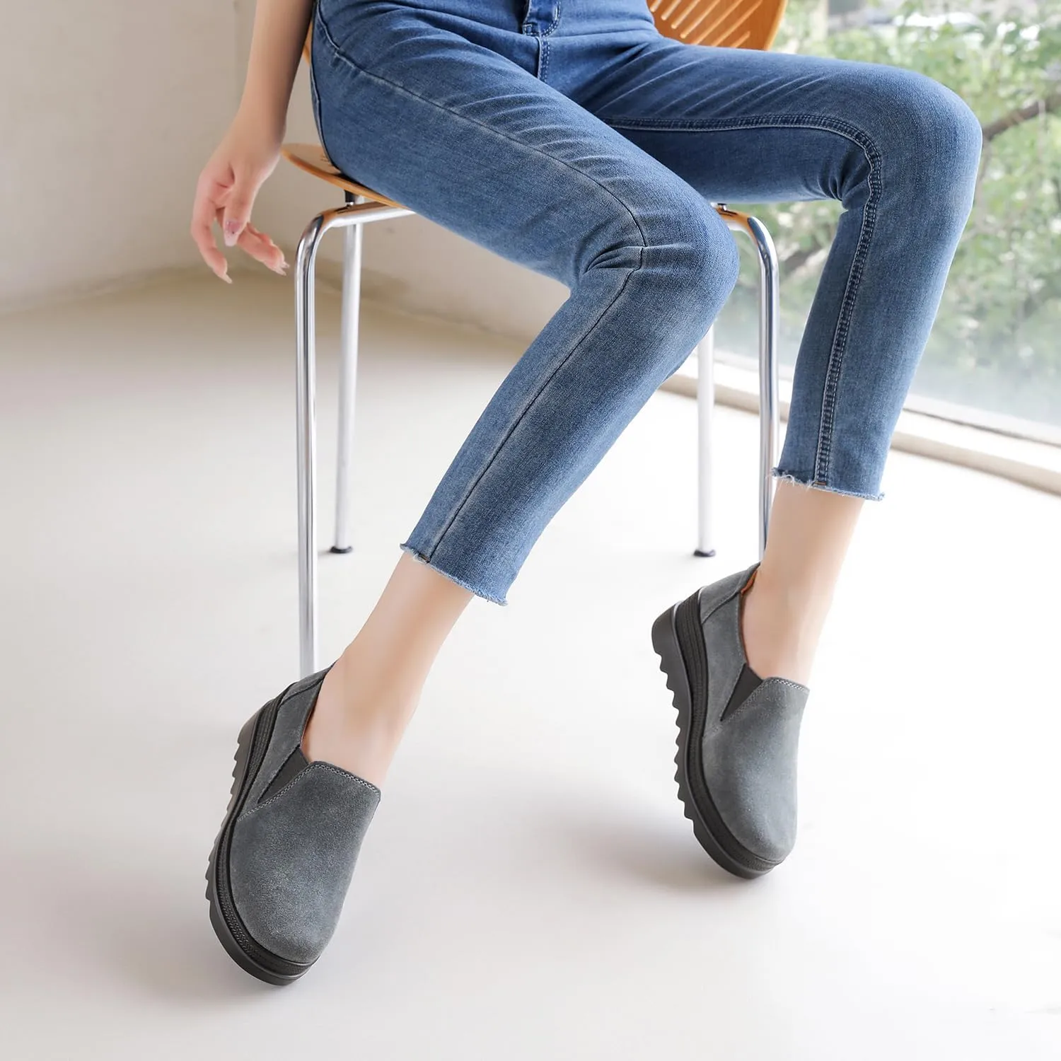 EnllerviiD Women's Platform Loafers Slip-On Comfortable Suede Moccasins Wedge Penny Loafers Thick Soft Platform Lightweight Casual Business Work Shoes