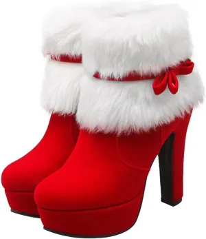 ERINGOGO Women Christmas Ankle Boots, Winter Fur Lined Platform Pointed Toe Suede High Heel, Side Zipper Santa Claus Booties