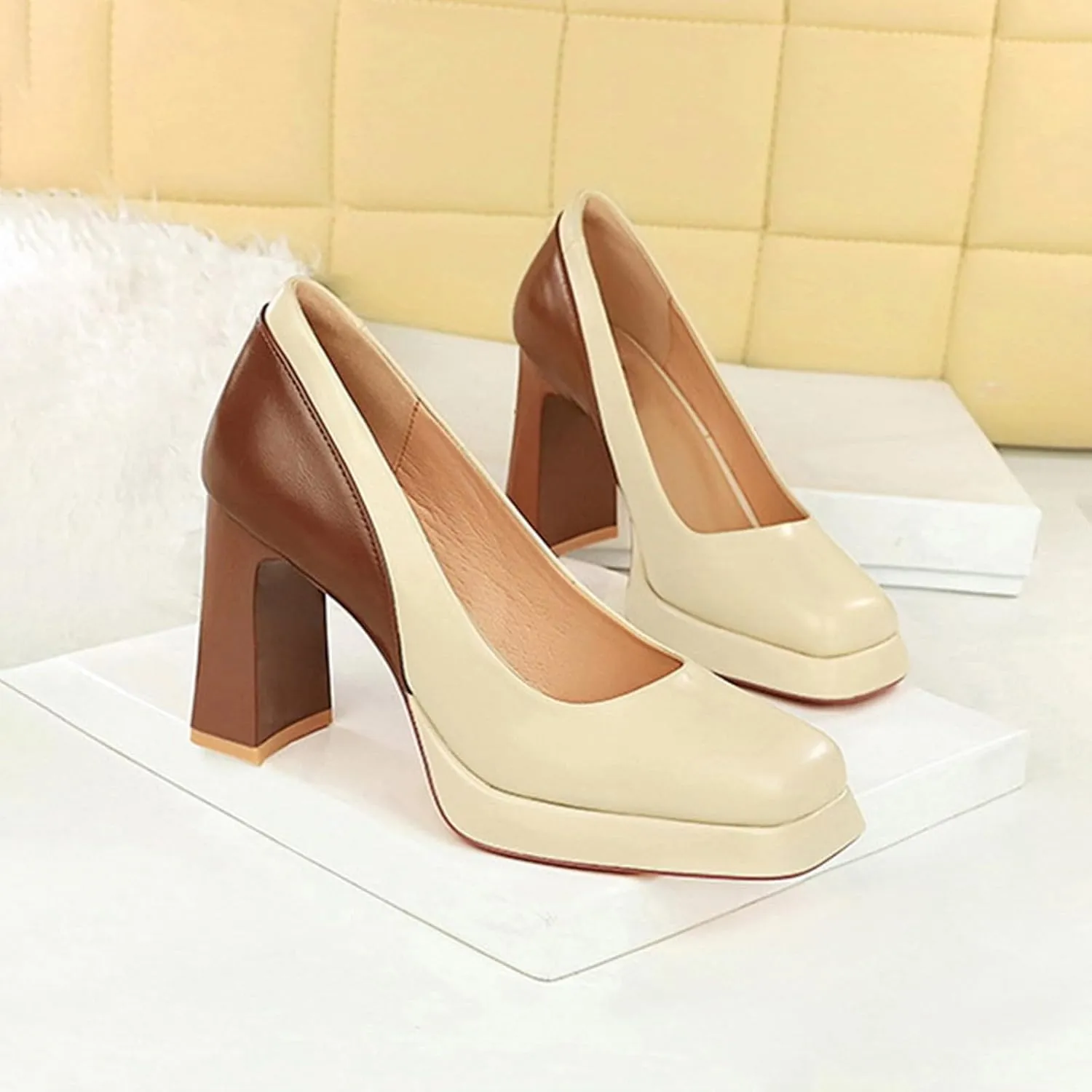 European and American Style Women's High Heels Shallow Mouth Thick Color Matching Platform Contrast Single Shoes Clear Wedges Women