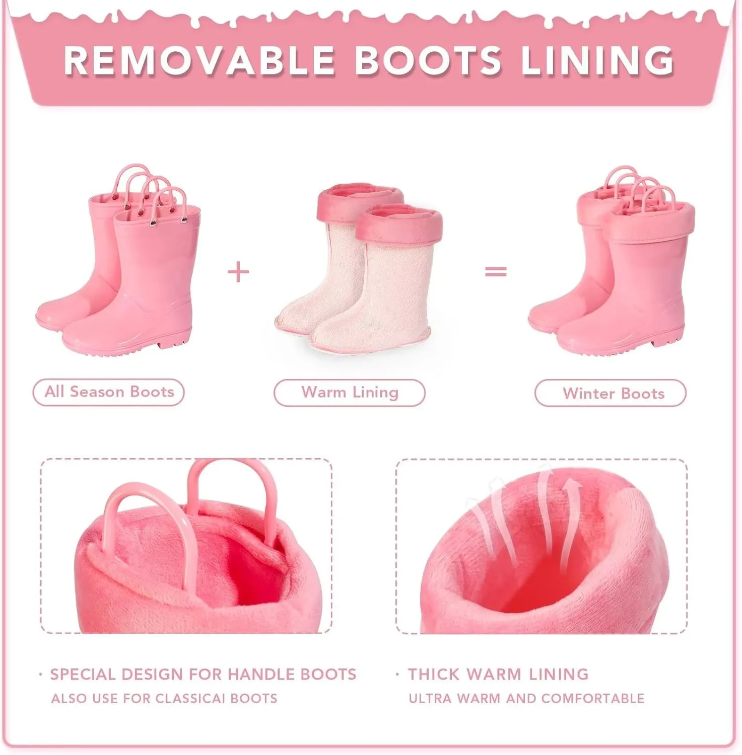 EUXTERPA Toddler Kids Light Up/Solid Color Rain Boots Waterproof Warm Fleece Lined Boots for Boys Girls Winter Snow Boots