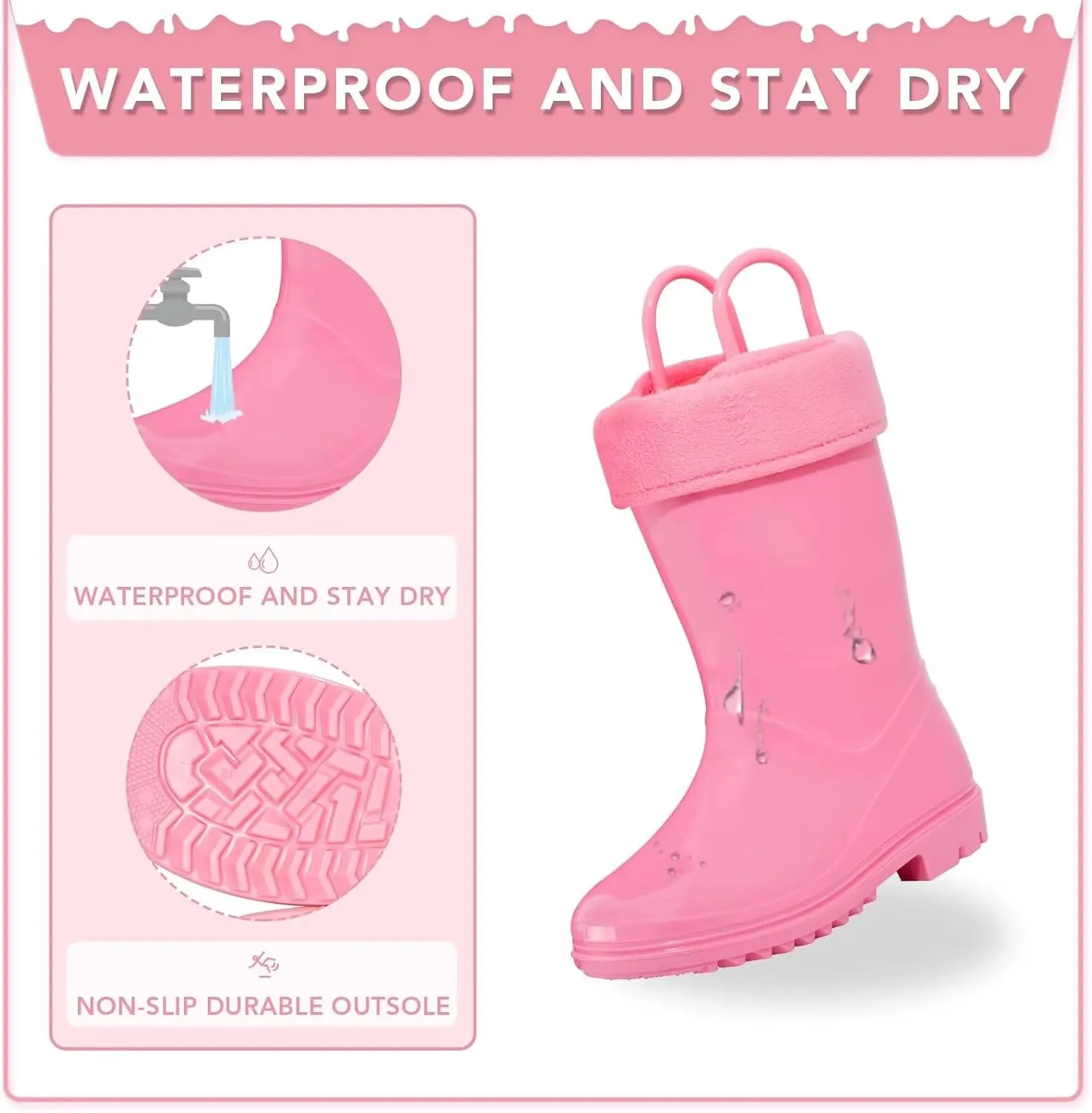 EUXTERPA Toddler Kids Light Up/Solid Color Rain Boots Waterproof Warm Fleece Lined Boots for Boys Girls Winter Snow Boots