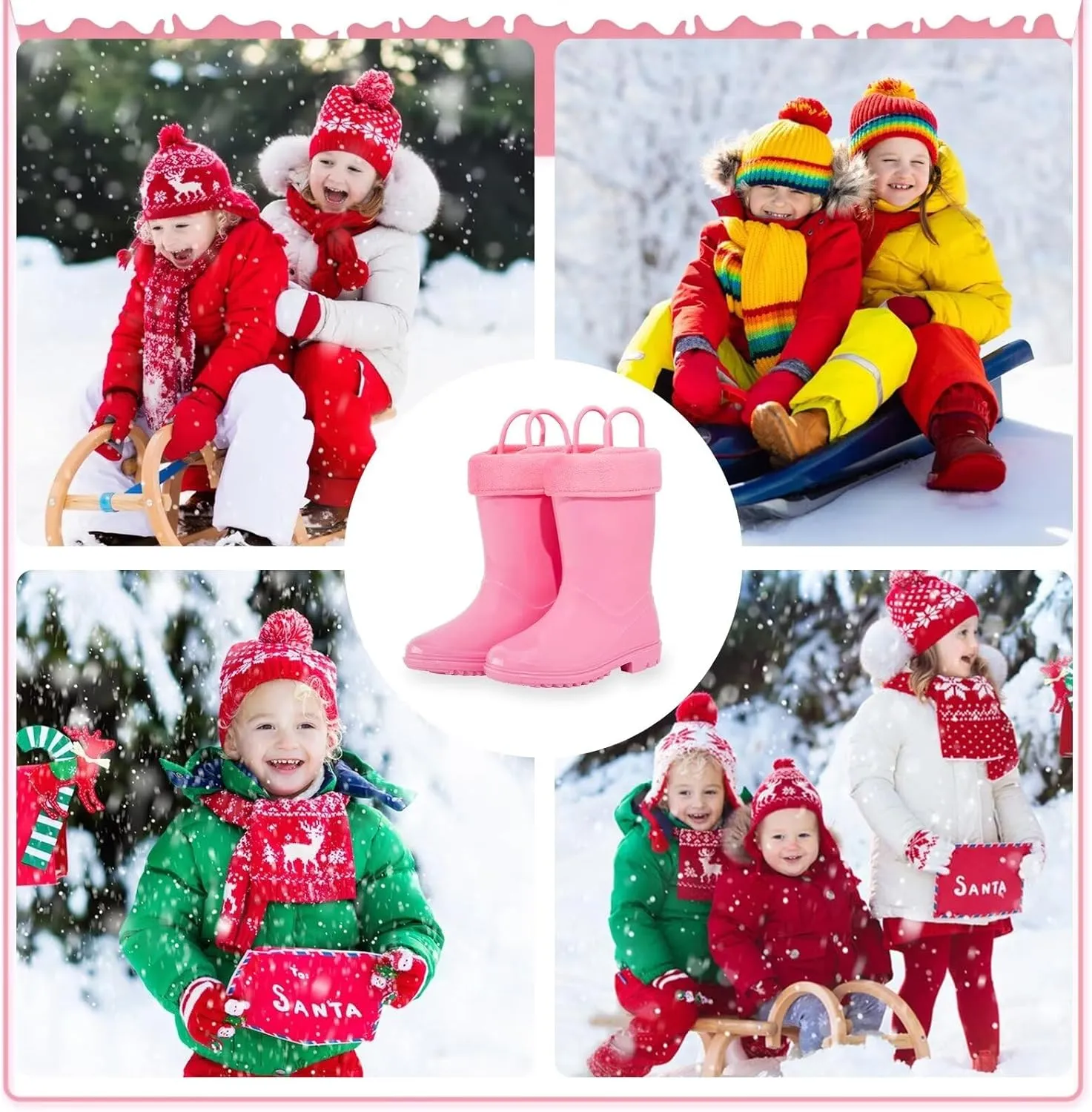 EUXTERPA Toddler Kids Light Up/Solid Color Rain Boots Waterproof Warm Fleece Lined Boots for Boys Girls Winter Snow Boots