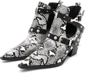 FAIRSOMA Women'S Cutout Snakeskin Chunky Heels Ankle Boots With Double Buckle,Casual Cutout Stacked Mid-Heels Pointed Toe Chelsea Western Booties Dress Jeans Booties