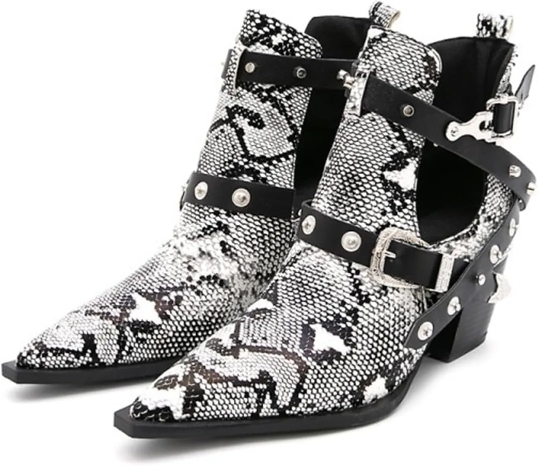 FAIRSOMA Women'S Cutout Snakeskin Chunky Heels Ankle Boots With Double Buckle,Casual Cutout Stacked Mid-Heels Pointed Toe Chelsea Western Booties Dress Jeans Booties