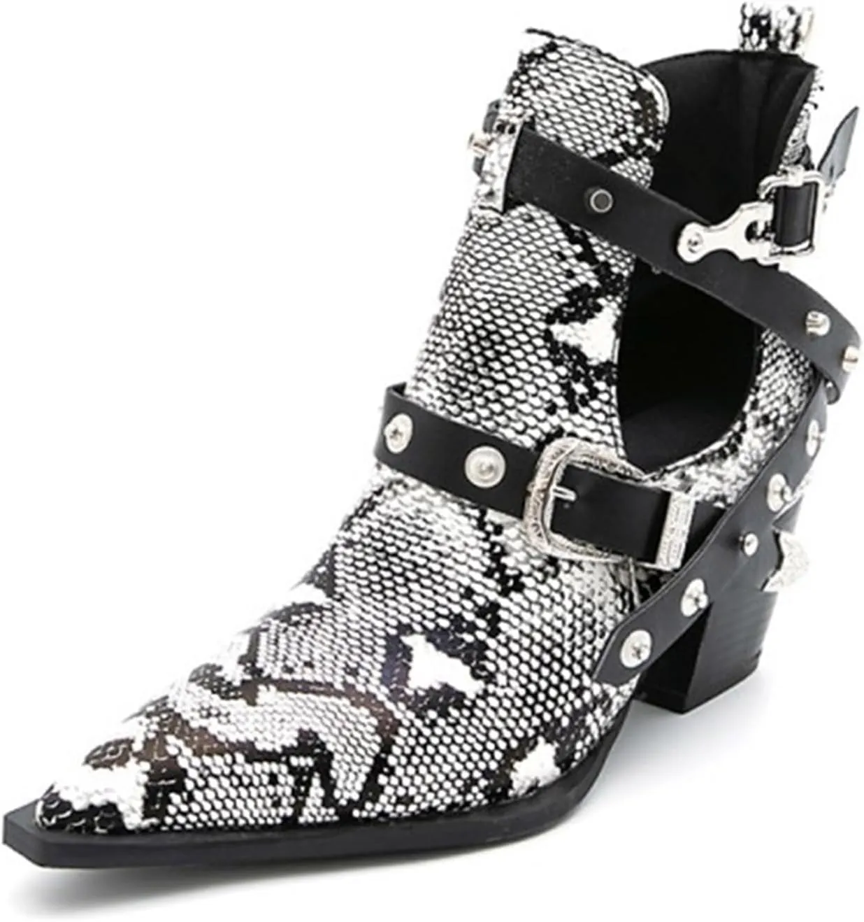 FAIRSOMA Women'S Cutout Snakeskin Chunky Heels Ankle Boots With Double Buckle,Casual Cutout Stacked Mid-Heels Pointed Toe Chelsea Western Booties Dress Jeans Booties