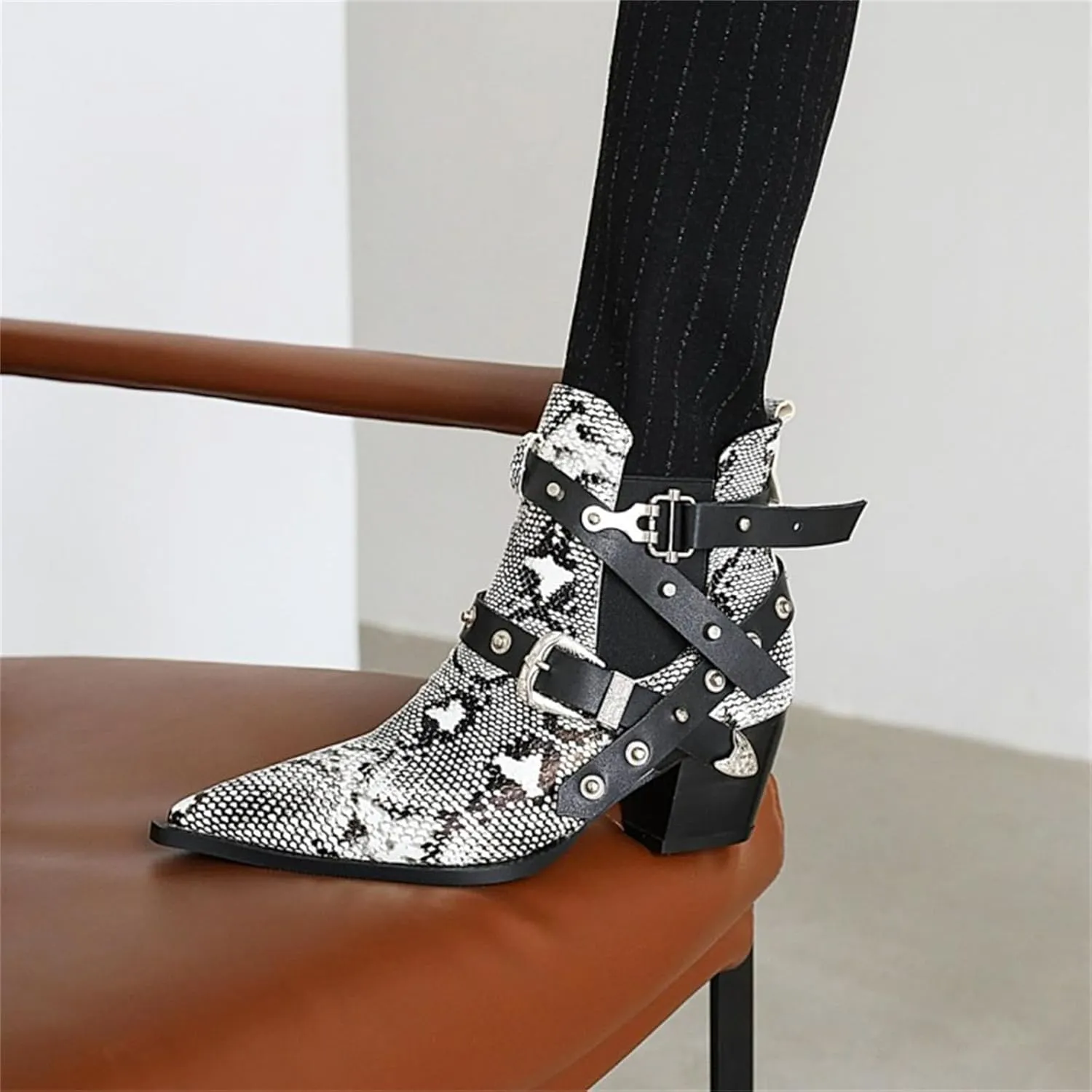 FAIRSOMA Women'S Cutout Snakeskin Chunky Heels Ankle Boots With Double Buckle,Casual Cutout Stacked Mid-Heels Pointed Toe Chelsea Western Booties Dress Jeans Booties