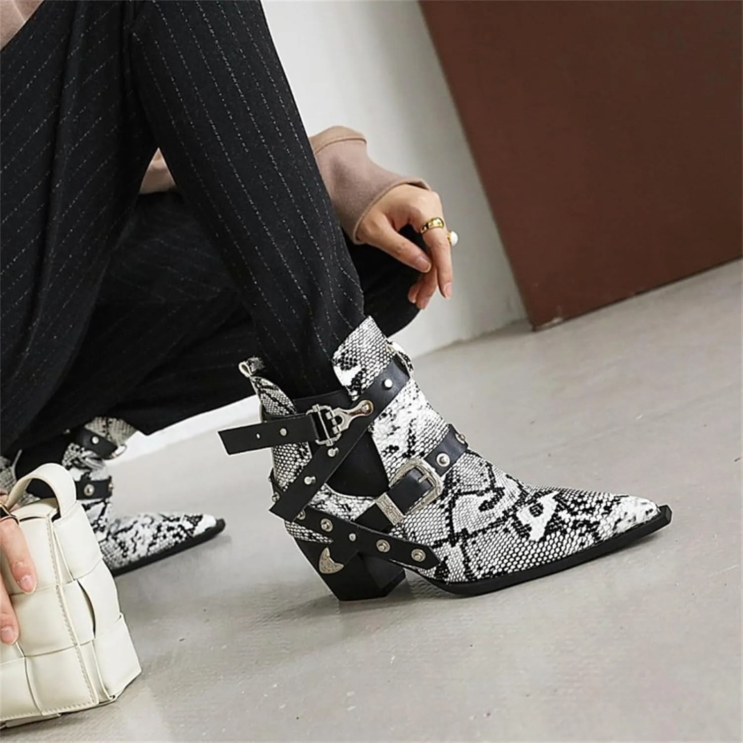 FAIRSOMA Women'S Cutout Snakeskin Chunky Heels Ankle Boots With Double Buckle,Casual Cutout Stacked Mid-Heels Pointed Toe Chelsea Western Booties Dress Jeans Booties