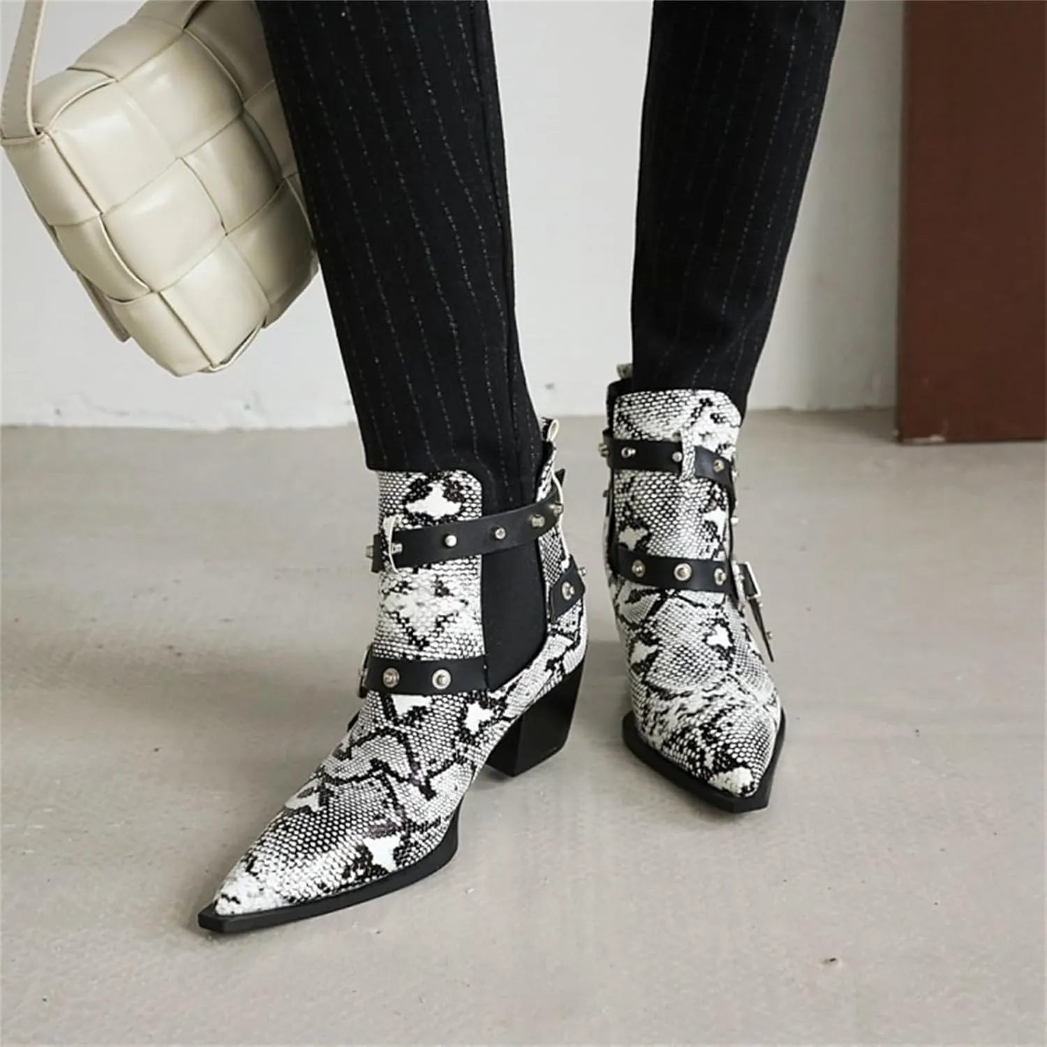 FAIRSOMA Women'S Cutout Snakeskin Chunky Heels Ankle Boots With Double Buckle,Casual Cutout Stacked Mid-Heels Pointed Toe Chelsea Western Booties Dress Jeans Booties