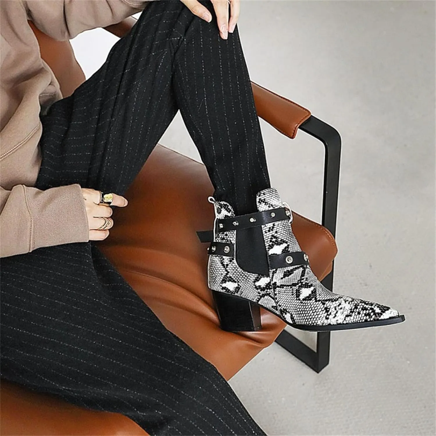 FAIRSOMA Women'S Cutout Snakeskin Chunky Heels Ankle Boots With Double Buckle,Casual Cutout Stacked Mid-Heels Pointed Toe Chelsea Western Booties Dress Jeans Booties