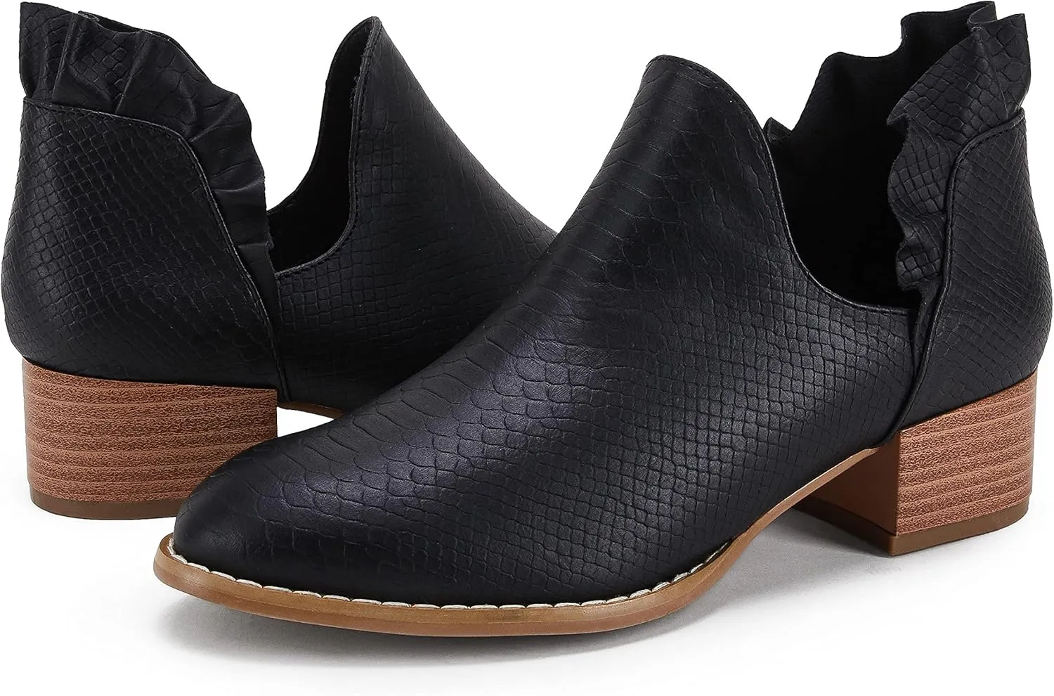 Fashare Womens Fall Cutout Booties Ankle Heels Low Stacked Ruffle Slip On Dress Short Boots Shoes