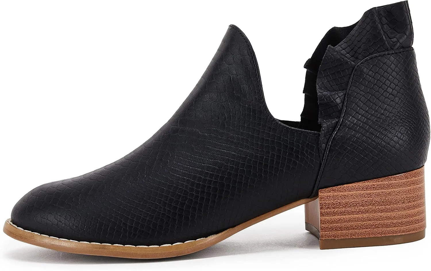 Fashare Womens Fall Cutout Booties Ankle Heels Low Stacked Ruffle Slip On Dress Short Boots Shoes