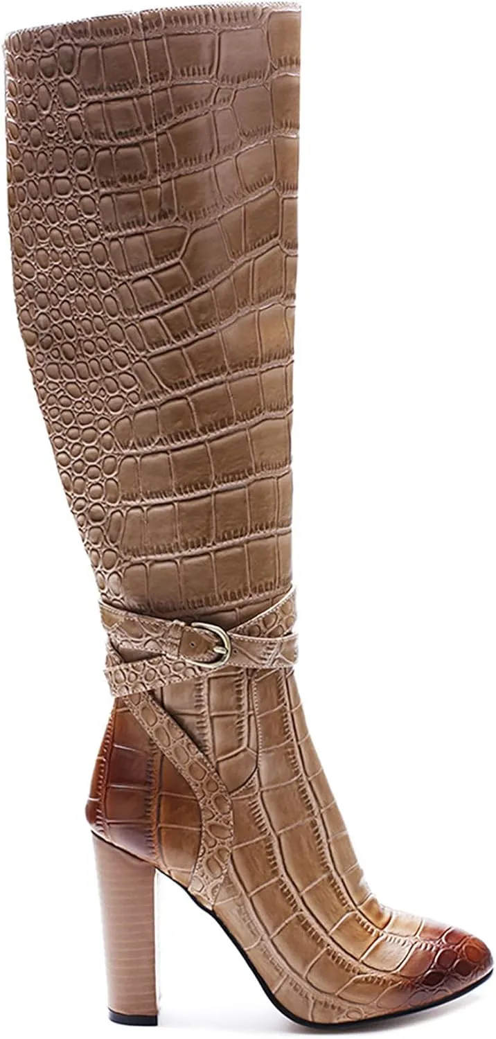 Fashion round toe Knee High Boots for Womens Sexy Crocodile Print long boots thick heel Lace-up metal buckle Straight Boot Side zipper Retro Dressy Boots