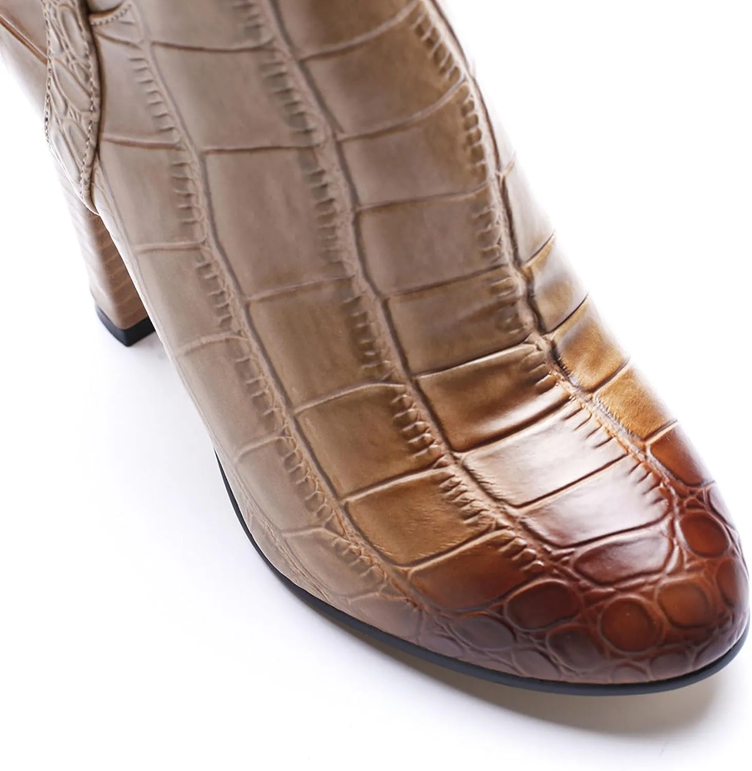 Fashion round toe Knee High Boots for Womens Sexy Crocodile Print long boots thick heel Lace-up metal buckle Straight Boot Side zipper Retro Dressy Boots