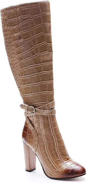 Fashion round toe Knee High Boots for Womens Sexy Crocodile Print long boots thick heel Lace-up metal buckle Straight Boot Side zipper Retro Dressy Boots