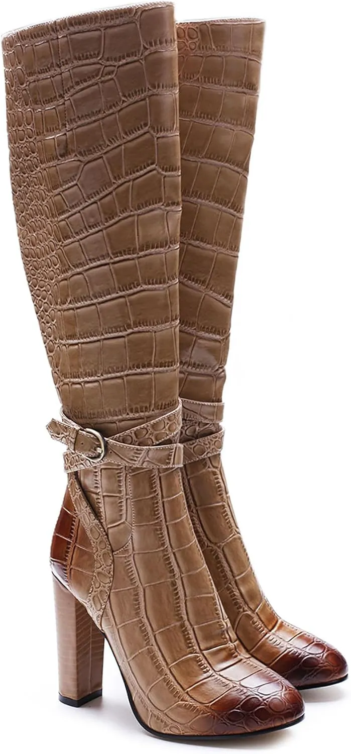 Fashion round toe Knee High Boots for Womens Sexy Crocodile Print long boots thick heel Lace-up metal buckle Straight Boot Side zipper Retro Dressy Boots