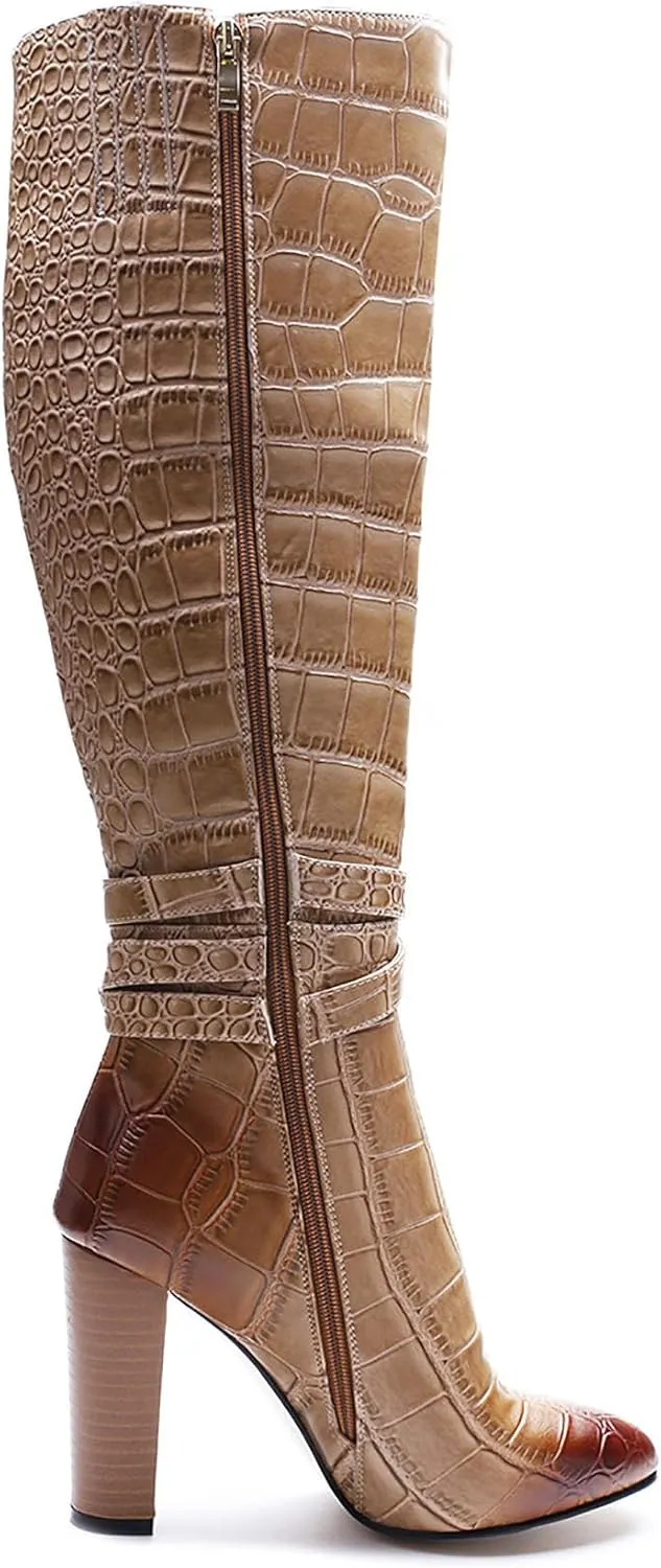 Fashion round toe Knee High Boots for Womens Sexy Crocodile Print long boots thick heel Lace-up metal buckle Straight Boot Side zipper Retro Dressy Boots