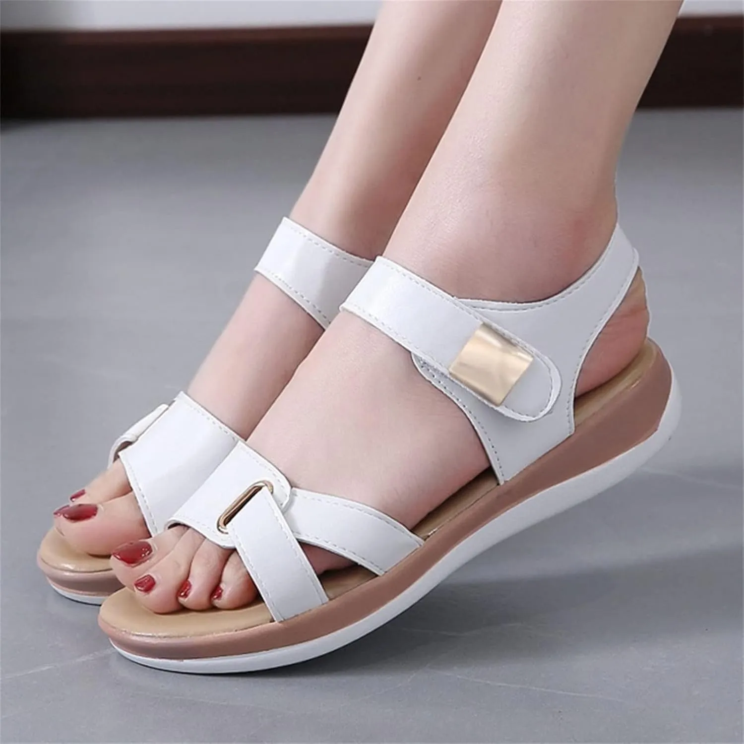 Fashion Summer Women Sandals Flat Thick Bottom Open Toe Hook Loop Solid Color Casual Sandals for Women Dressy Flat