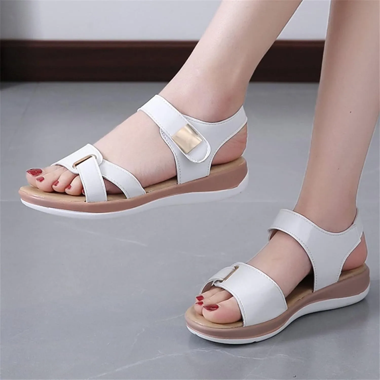 Fashion Summer Women Sandals Flat Thick Bottom Open Toe Hook Loop Solid Color Casual Sandals for Women Dressy Flat