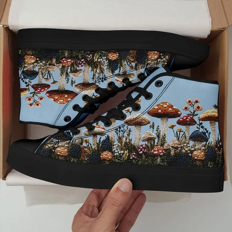 Fashion Women High-Top Canvas Shoes Men's Print Mushroom Floral Plant Lace-up Flat Stylish Gift Sneaker Couple Shoes