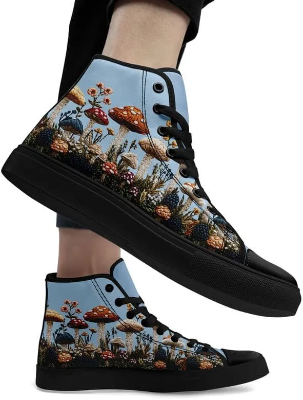 Fashion Women High-Top Canvas Shoes Men's Print Mushroom Floral Plant Lace-up Flat Stylish Gift Sneaker Couple Shoes