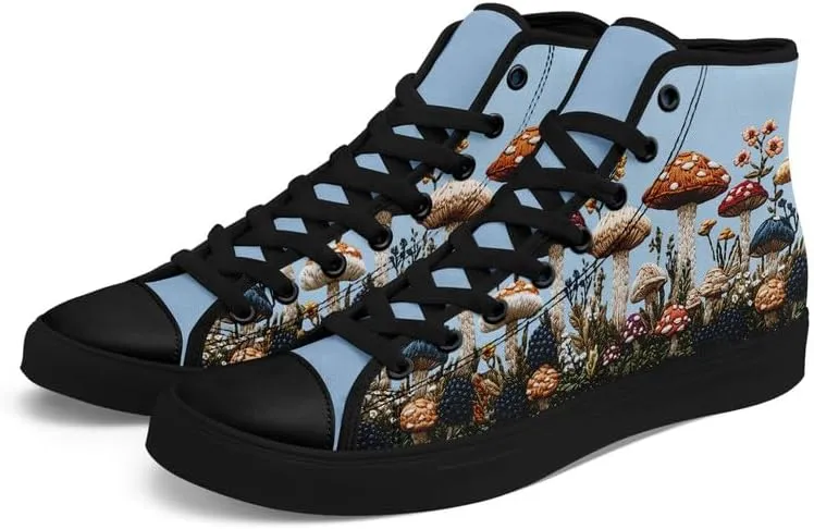 Fashion Women High-Top Canvas Shoes Men's Print Mushroom Floral Plant Lace-up Flat Stylish Gift Sneaker Couple Shoes