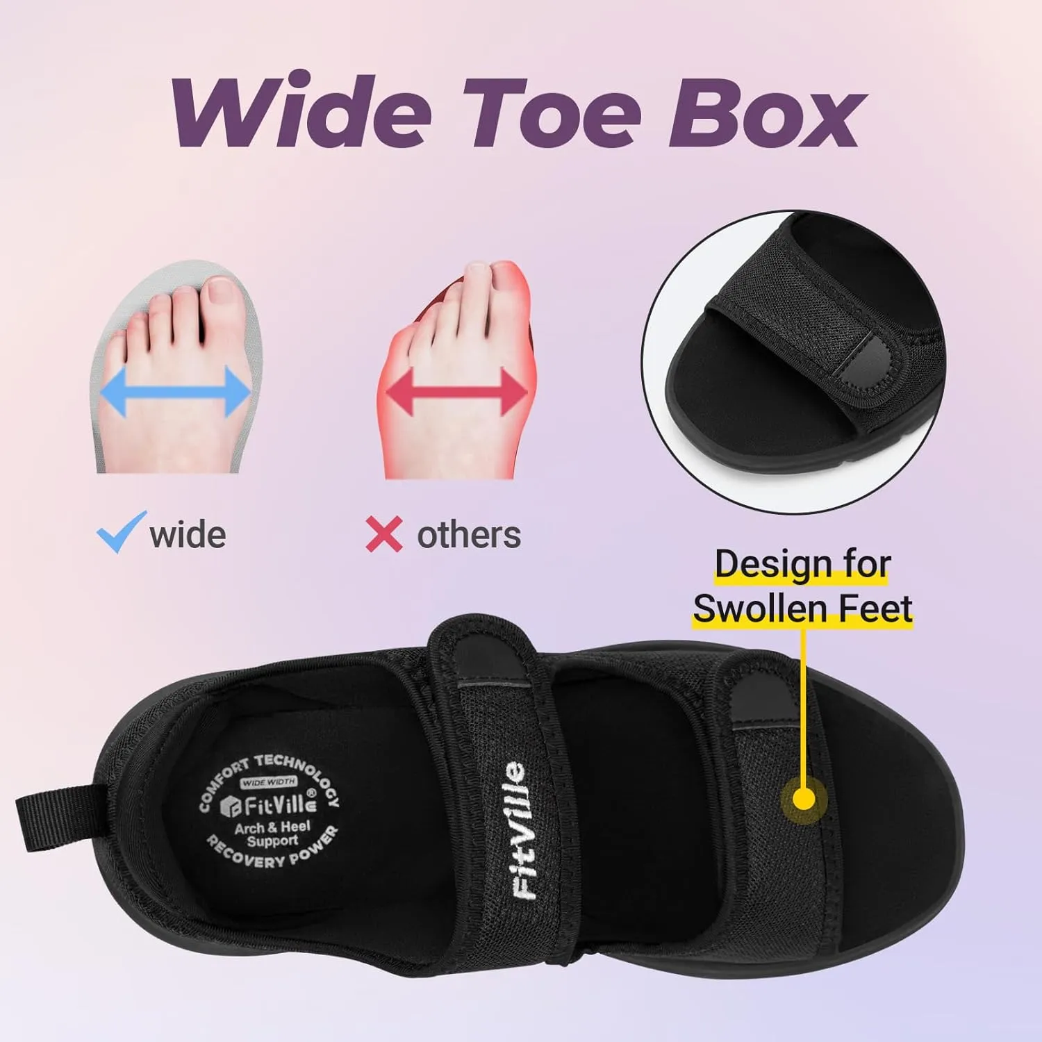 FitVille Diabetic Sandals for Women Wide Width with Arch Support, Adjustable Dual Straps Wide Sandals for Women