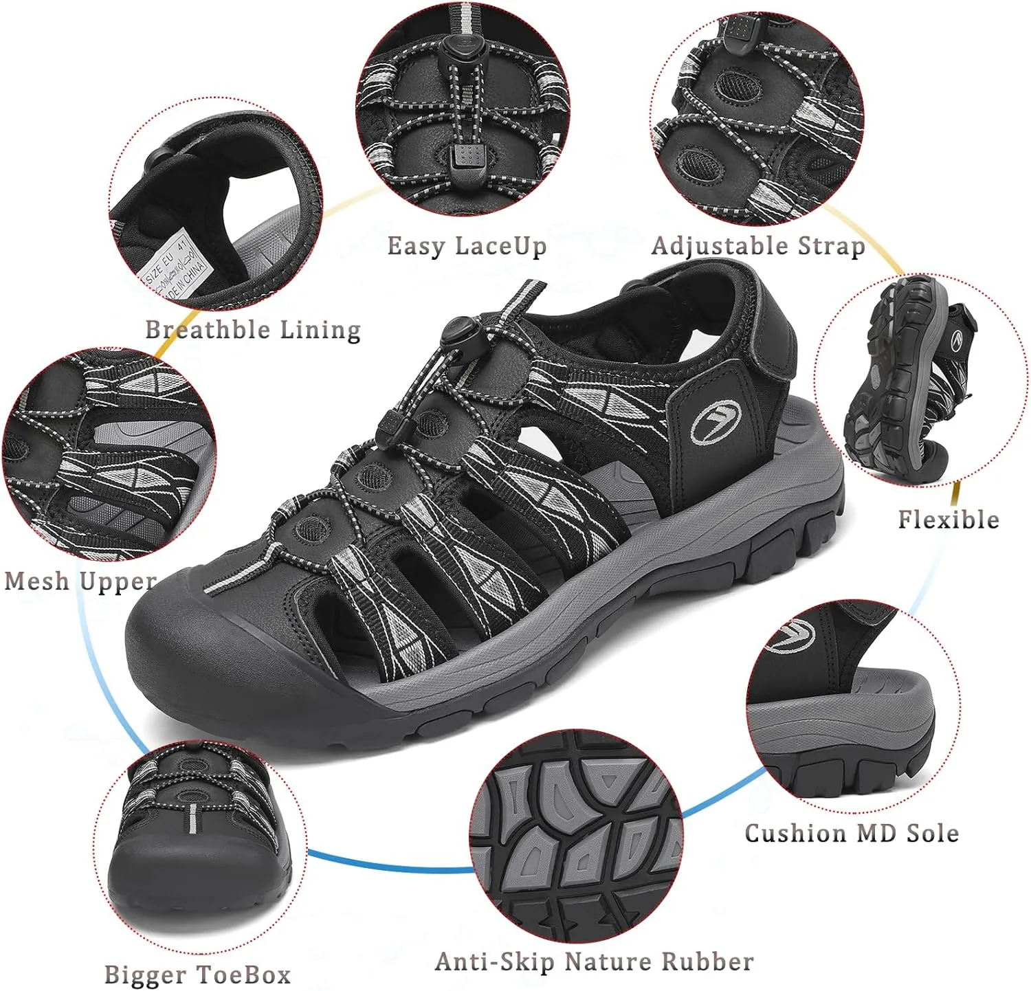FLARUT Men's Athletic Sandals - Closed Toe Sport Hiking & Outdoor Walking Water Sandals with Anti-Slip Cushioning and Breathable Mesh
