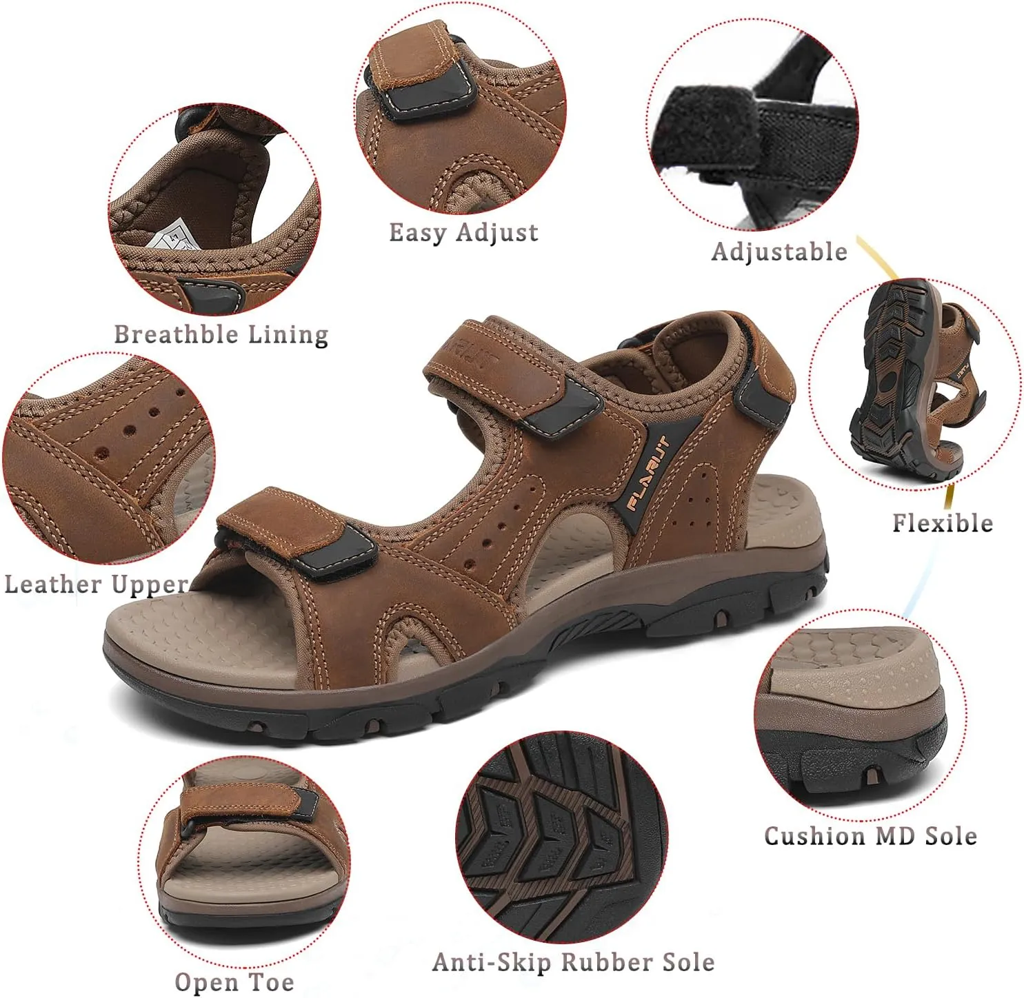 FLARUT Men's Athletic Sandals Sport Outdoor Hiking Sandals Open Toe Leather Walking Sandals Beach Water Shoes