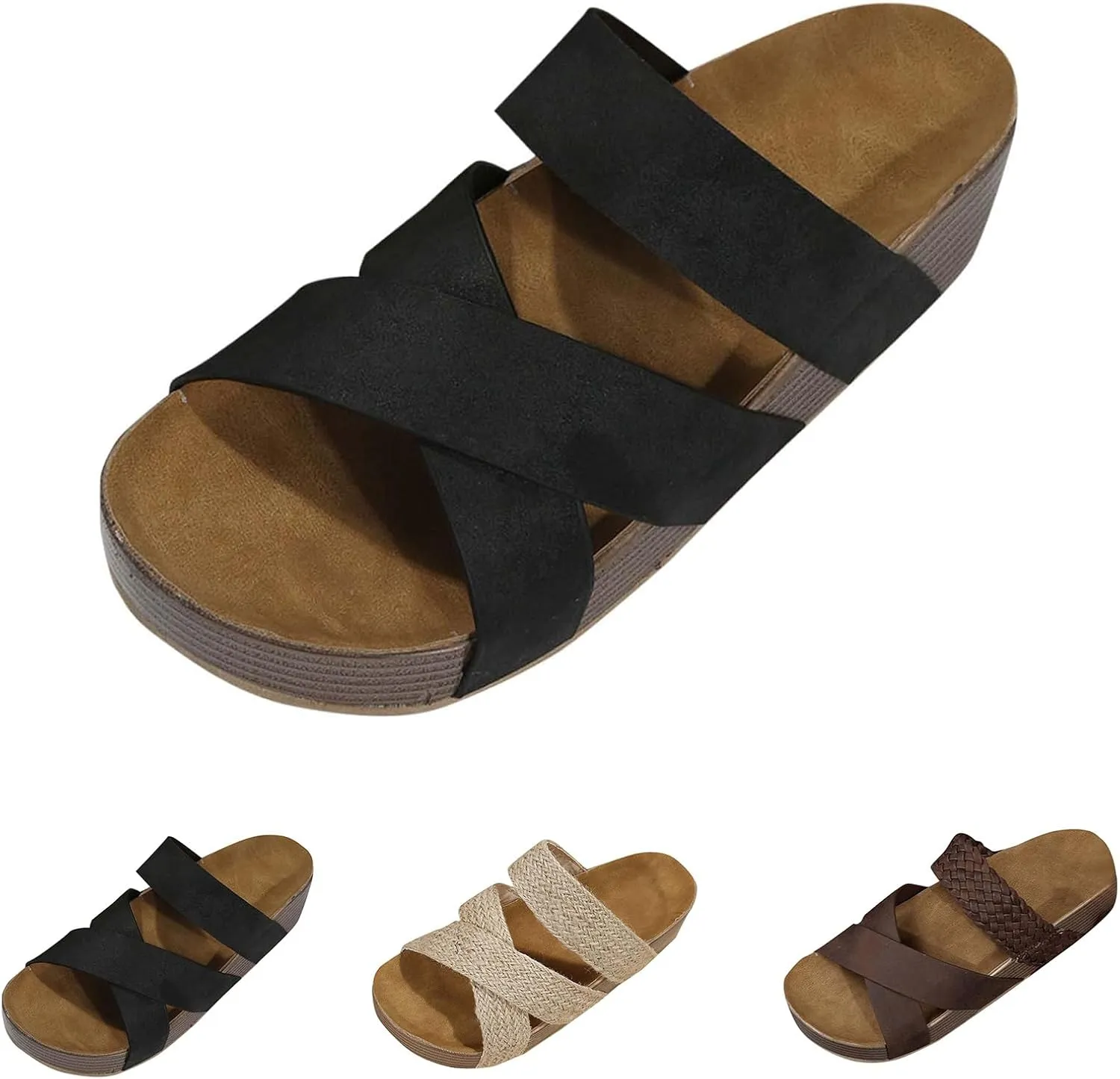 Flat Sandals for Women Summer Dressy Slip on Platform Sandals Cross-Strap Open Toe Wide Width Slippers Walking Beach Shoes