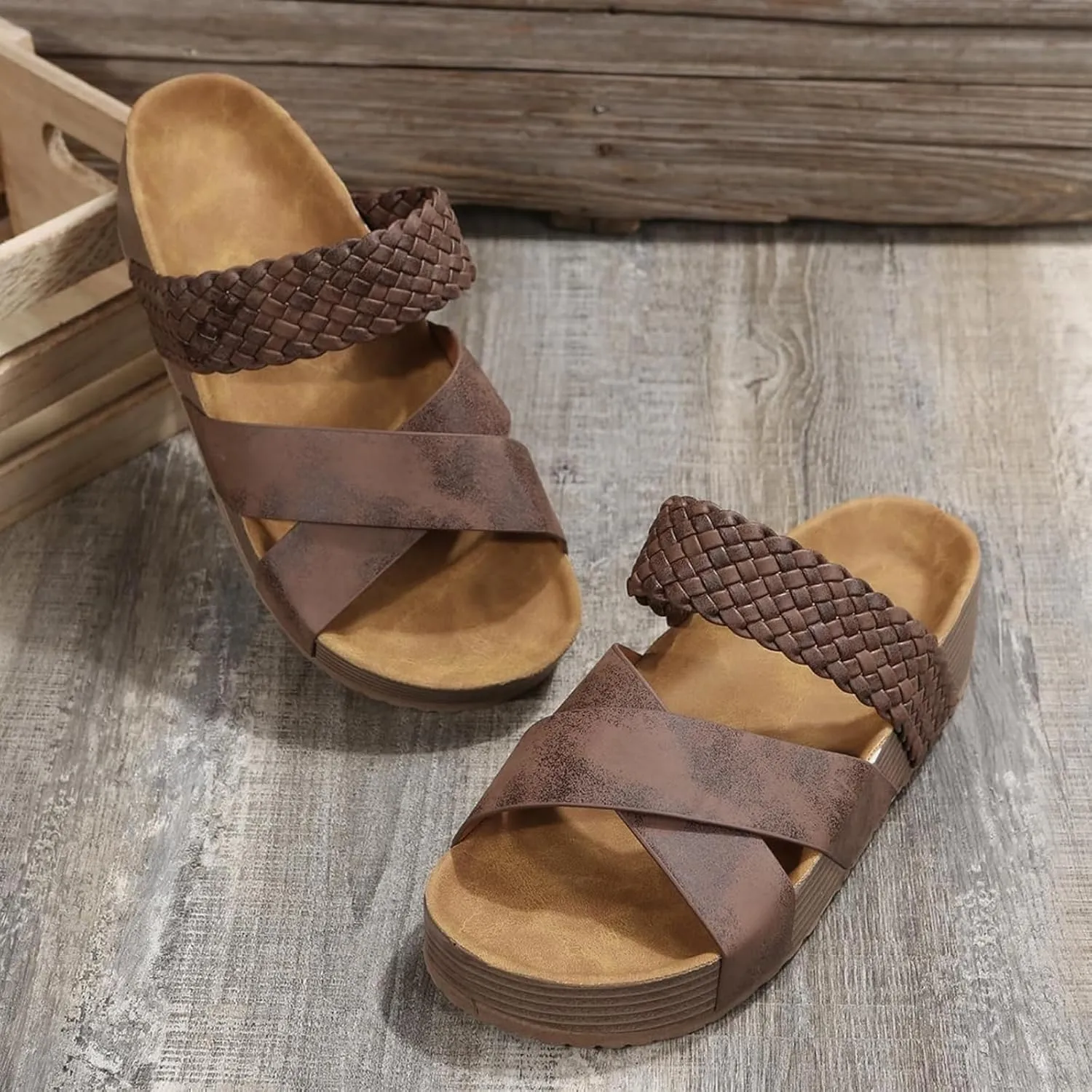 Flat Sandals for Women Summer Dressy Slip on Platform Sandals Cross-Strap Open Toe Wide Width Slippers Walking Beach Shoes