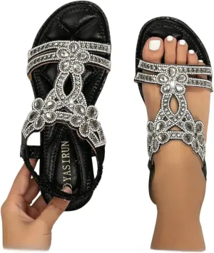 Flat Sandals With Rhinestones for Women, Women's Wide Width Sandals Comfort Walking with Non Slip on Casual Summer Beach Shoes Dress Ankle Elastic Strap Sparkling Jeweled Bohemian Flats
