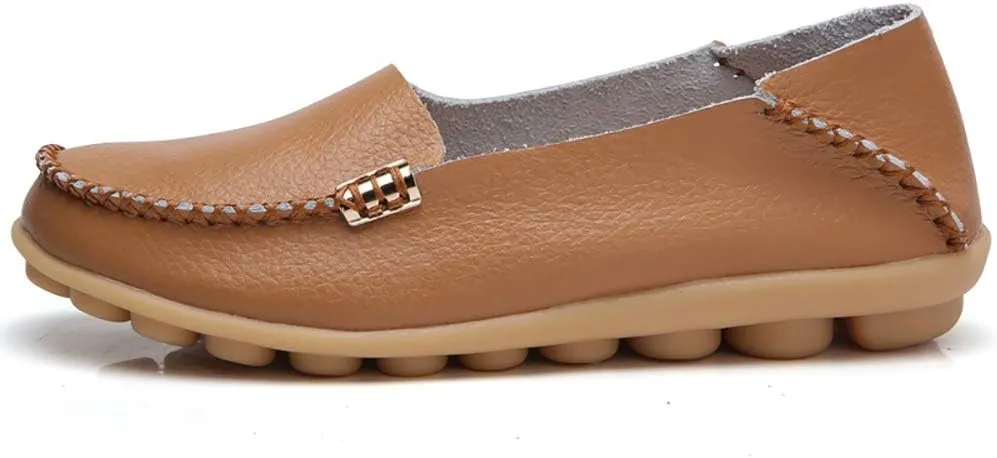 FolHaoth Women's Comfortable Leather Loafers Slip On Flats Casual Round Toe Moccasins Wild Walking Nurse Breathable Driving Fashion Soft Shoes