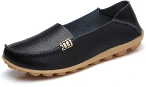 FolHaoth Women's Comfortable Leather Loafers Slip On Flats Casual Round Toe Moccasins Wild Walking Nurse Breathable Driving Fashion Soft Shoes