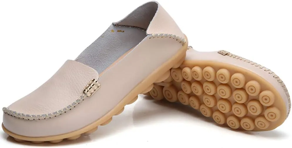 FolHaoth Women's Comfortable Leather Loafers Slip On Flats Casual Round Toe Moccasins Wild Walking Nurse Breathable Driving Fashion Soft Shoes