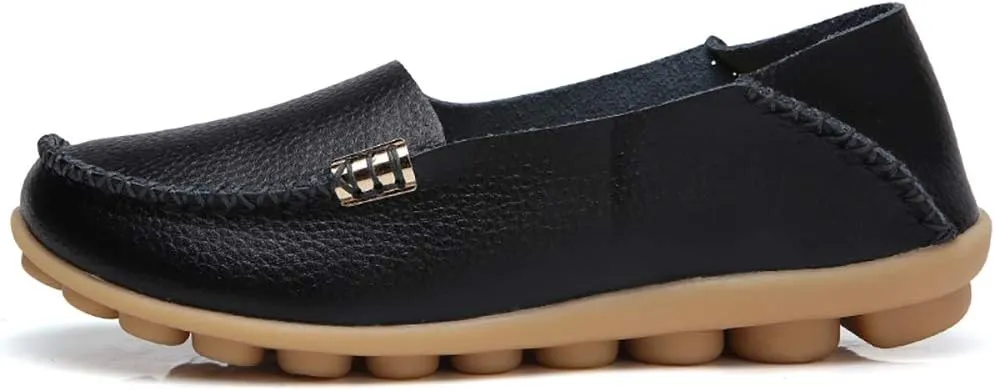 FolHaoth Women's Comfortable Leather Loafers Slip On Flats Casual Round Toe Moccasins Wild Walking Nurse Breathable Driving Fashion Soft Shoes