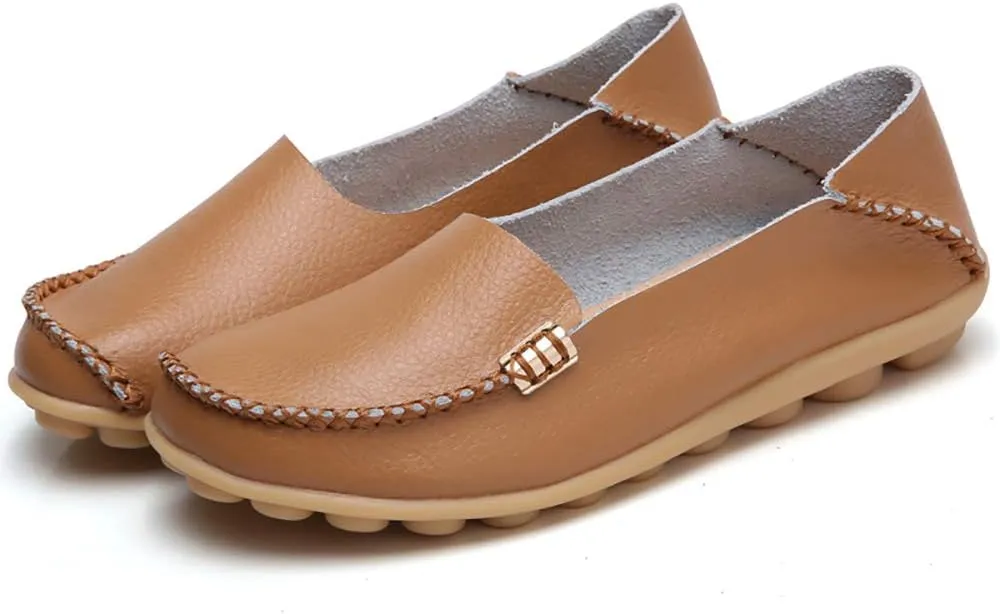 FolHaoth Women's Comfortable Leather Loafers Slip On Flats Casual Round Toe Moccasins Wild Walking Nurse Breathable Driving Fashion Soft Shoes