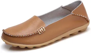 FolHaoth Women's Comfortable Leather Loafers Slip On Flats Casual Round Toe Moccasins Wild Walking Nurse Breathable Driving Fashion Soft Shoes