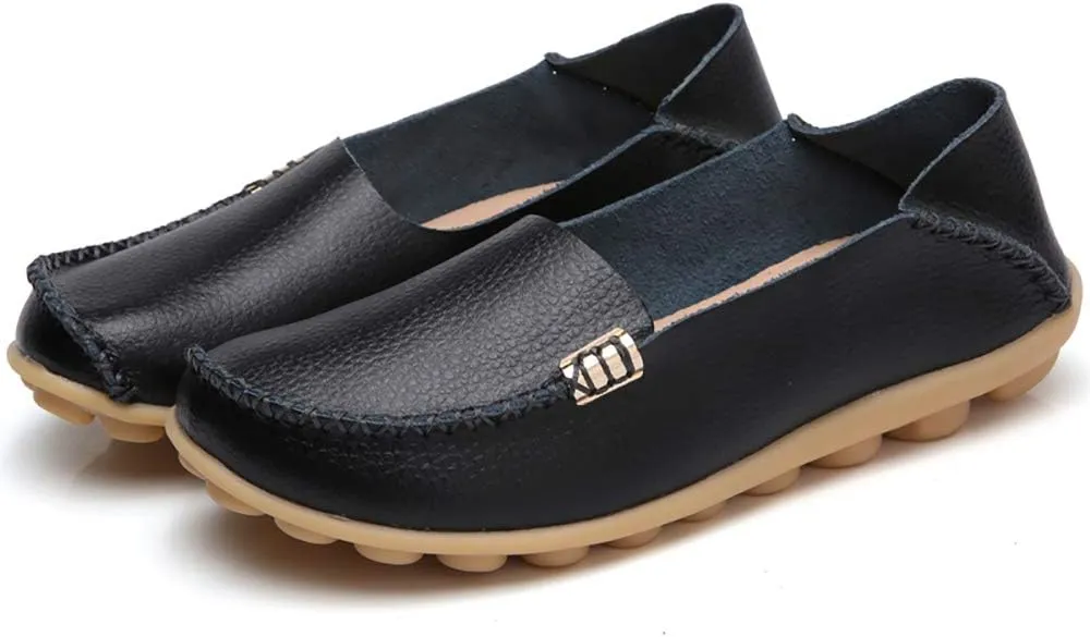 FolHaoth Women's Comfortable Leather Loafers Slip On Flats Casual Round Toe Moccasins Wild Walking Nurse Breathable Driving Fashion Soft Shoes