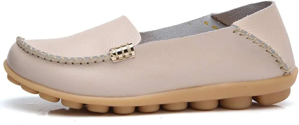 FolHaoth Women's Comfortable Leather Loafers Slip On Flats Casual Round Toe Moccasins Wild Walking Nurse Breathable Driving Fashion Soft Shoes