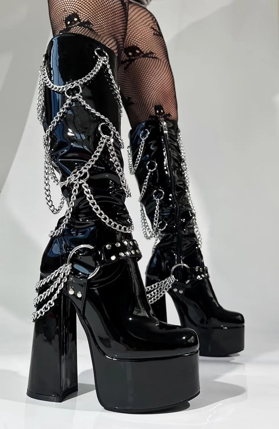Frankie Hsu Goth Sexy Chunky Platform Knee High Heeled Boots, Black Patent Silver Multi Chain Rivets Buckle Gothic, Punk Y2K Hot Girl Big Large Size Wide Calf Shoes For Women Men