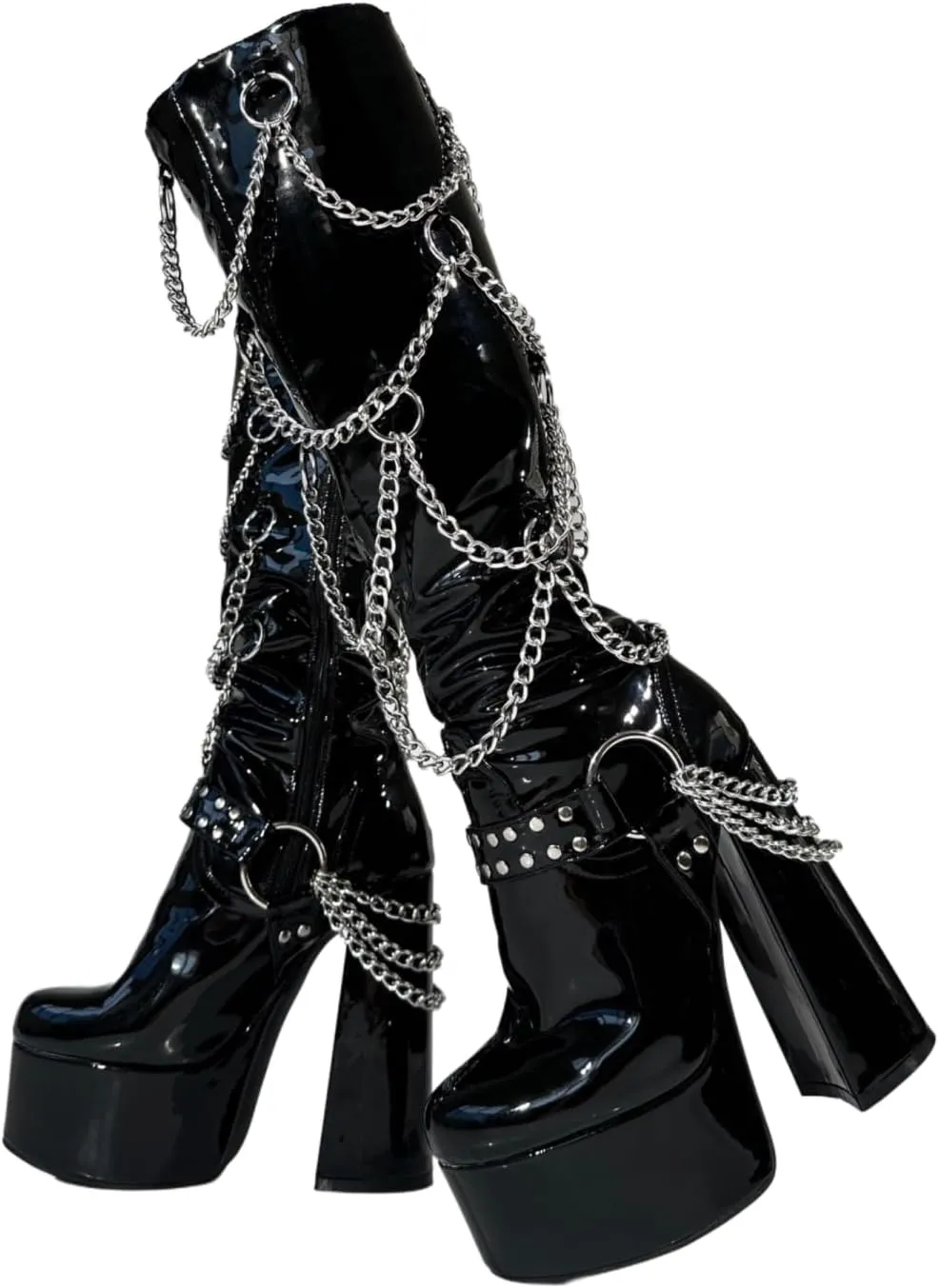Frankie Hsu Goth Sexy Chunky Platform Knee High Heeled Boots, Black Patent Silver Multi Chain Rivets Buckle Gothic, Punk Y2K Hot Girl Big Large Size Wide Calf Shoes For Women Men